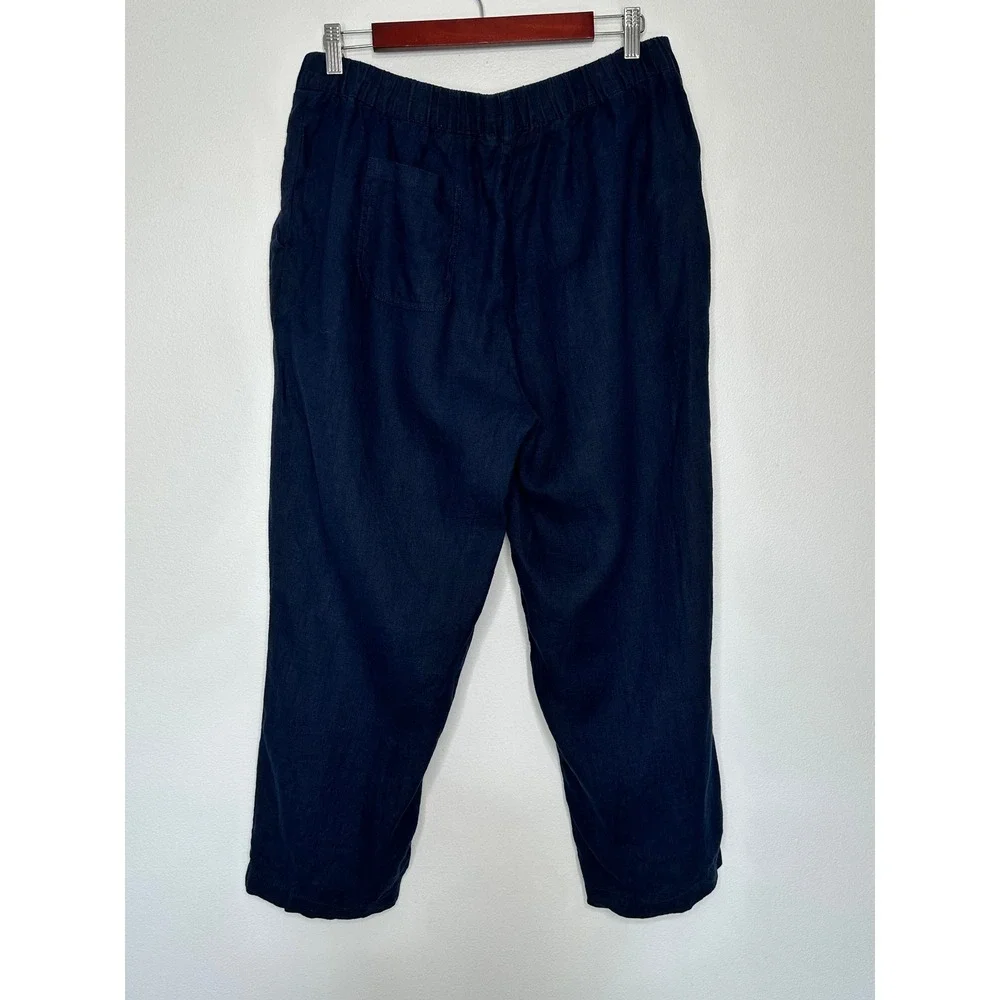 Quince Linen Pants Size L Deep Blue Navy Pull on Straight Leg Elastic Waist